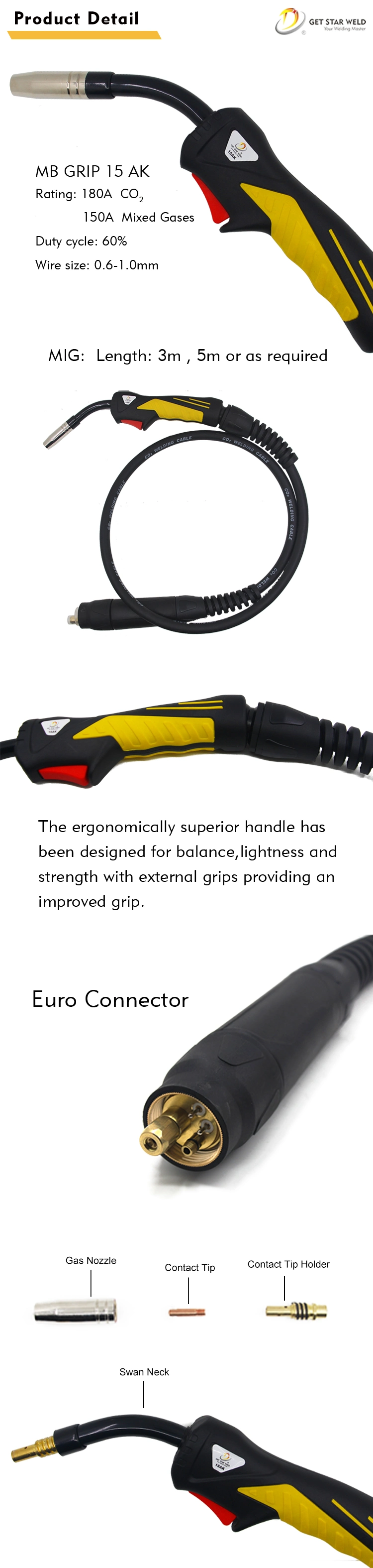 Get Star Weld 150A MIG/Mag 15ak MB15ak 3m Gun Portable CO2 MIG Welding Gas Cooled Torch